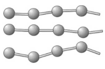 Drei parallele Reihen von Kugeln, durch Stäbe verbunden